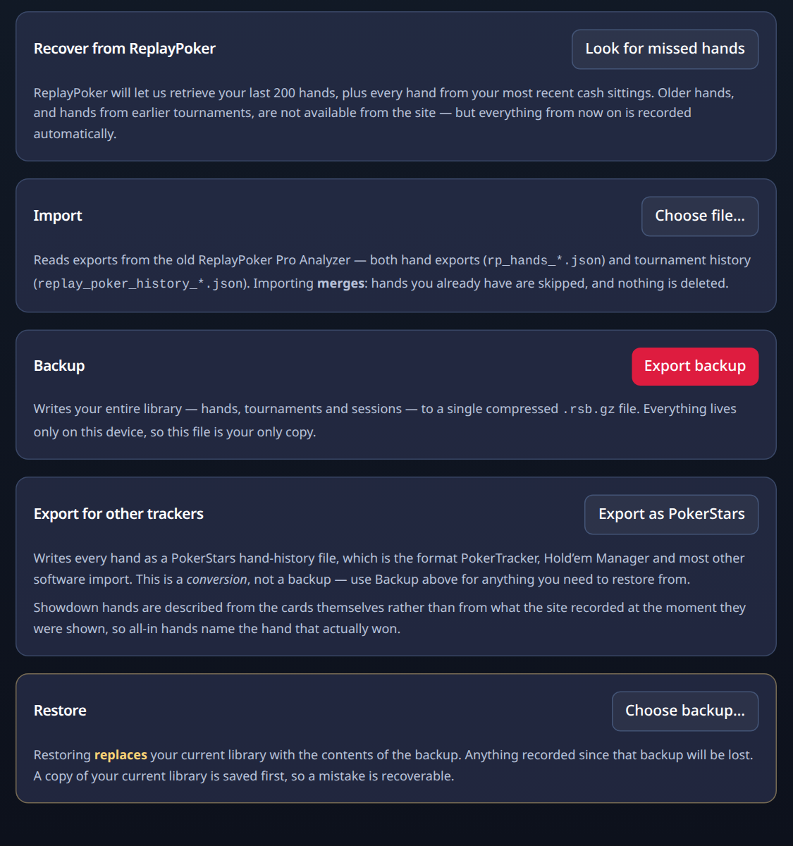 Settings, Data: Export as PokerStars writes every hand in one go