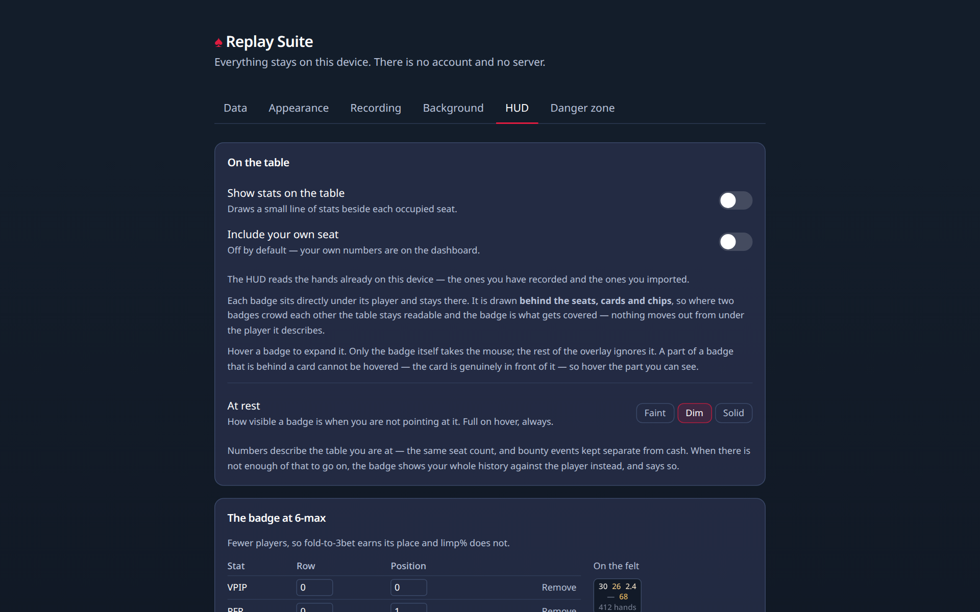 Settings, HUD: what the badge shows, and how visible it is when you are not pointing at it