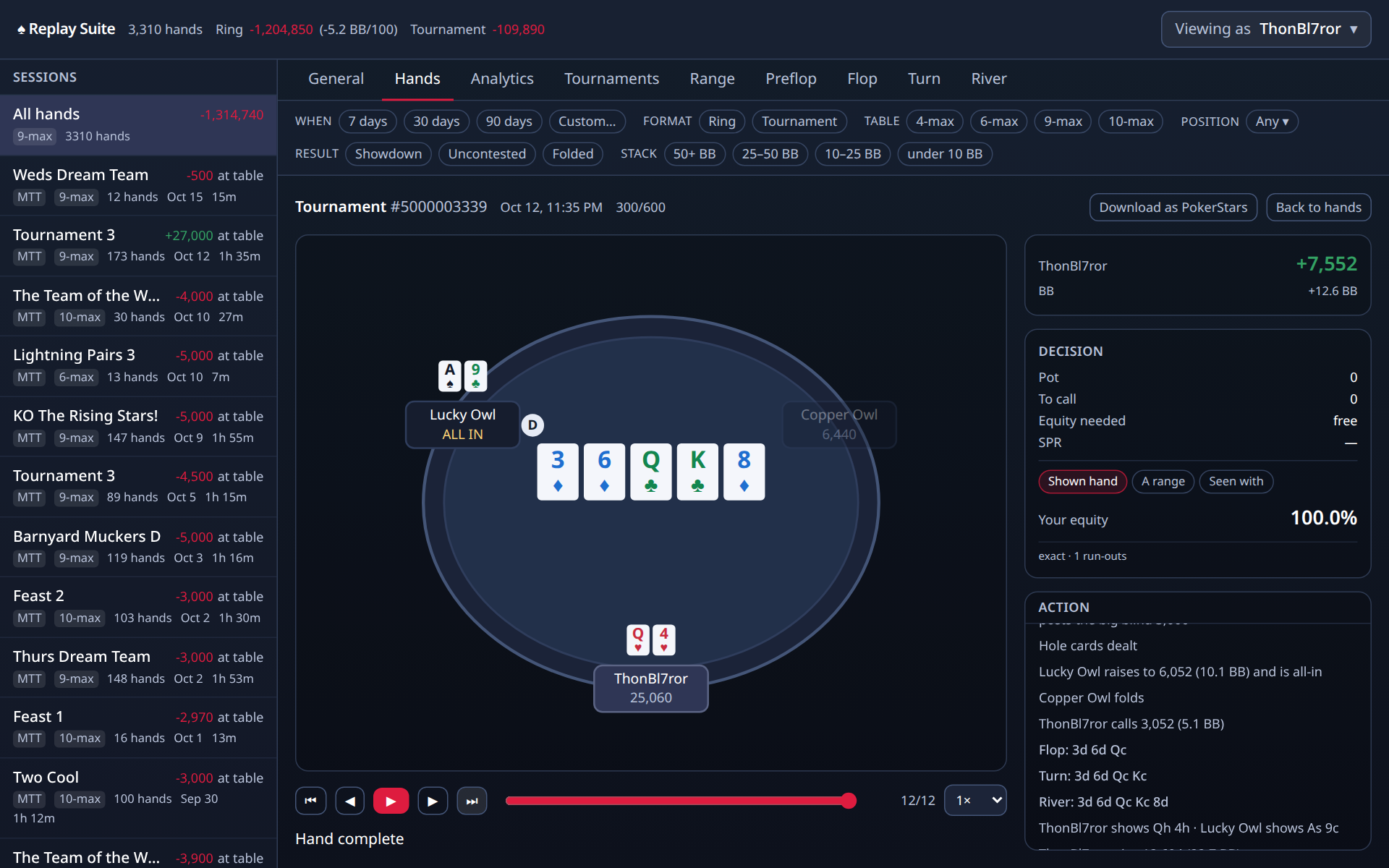 The replayer at the end of a hand: the board, both hands shown, and the action log on the right